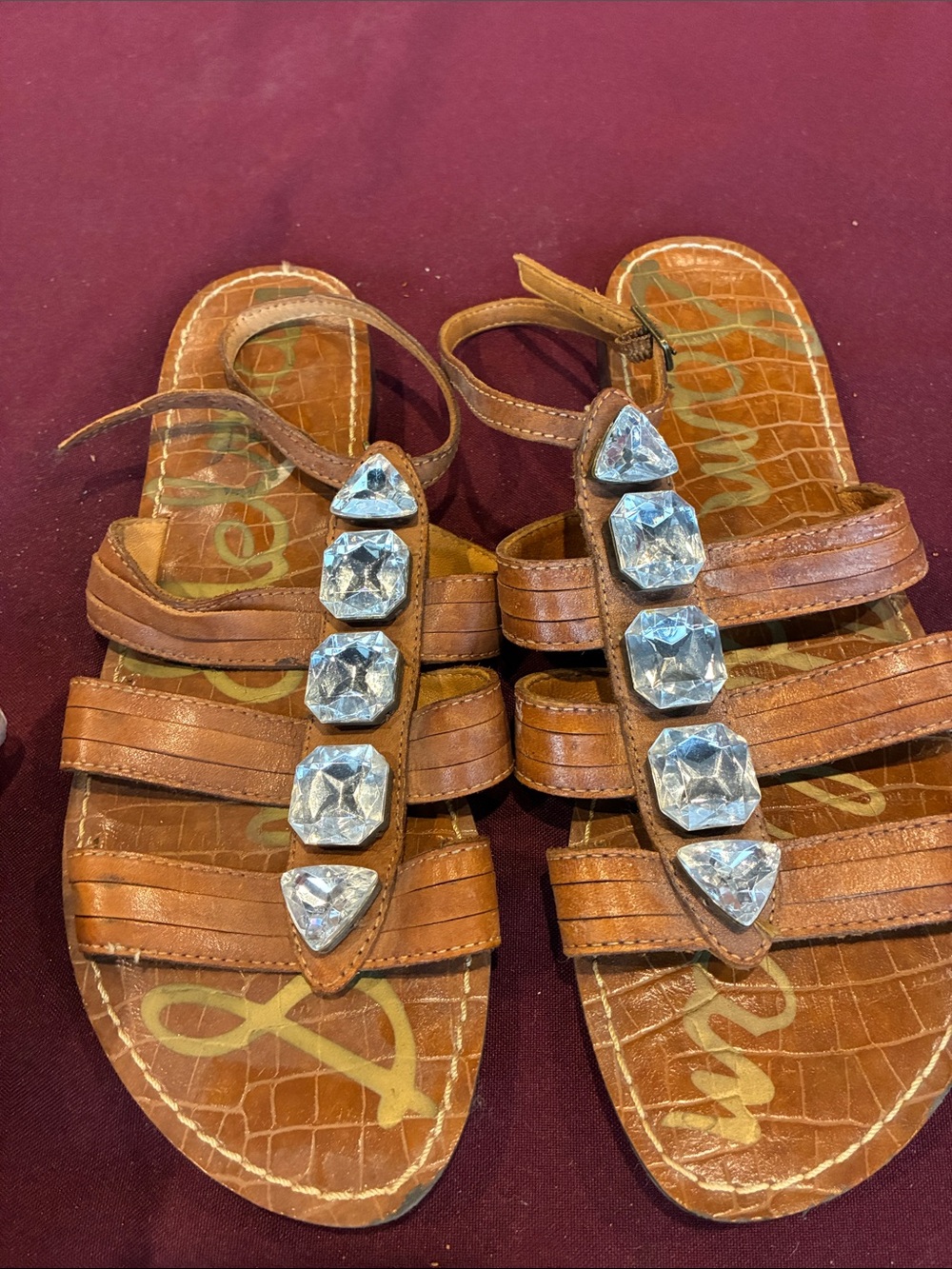 Sam Edelman Women’s Brown Jeweled T-Strap Sandals